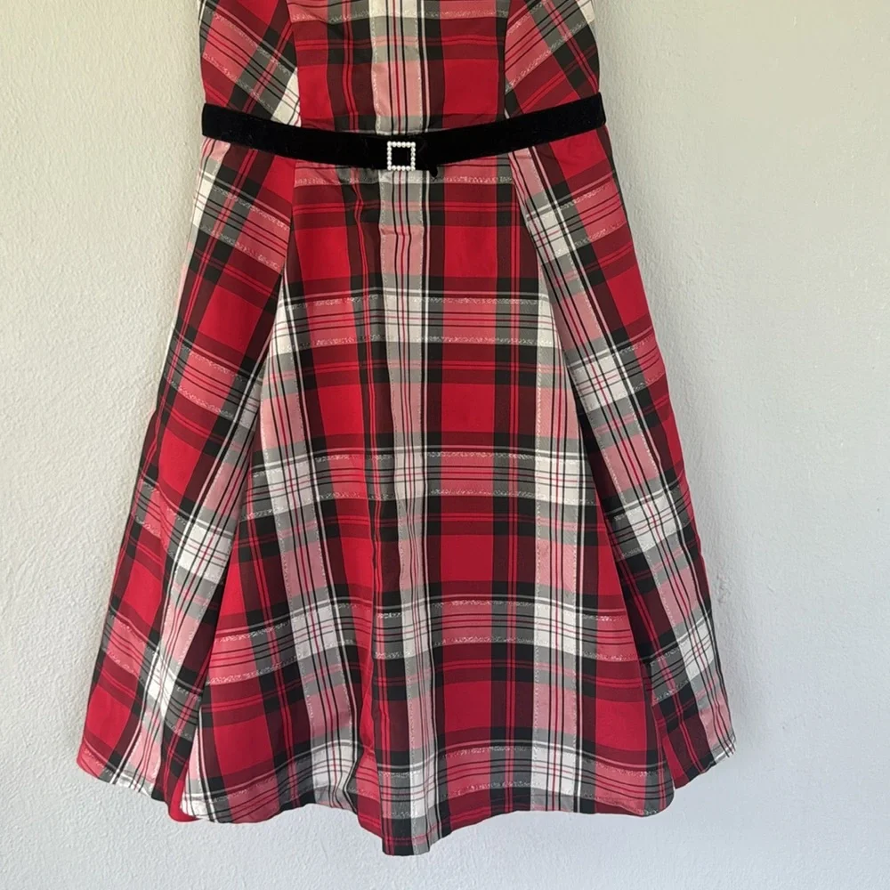 Jona Michelle red black plaid bow belt sleeveless Christmas holiday dress size 8